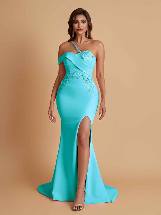 Sexy Soft Satin Mermaid One Shoulder Asymmetrical Side Slit Floor-Length Bridesmaid Dresses