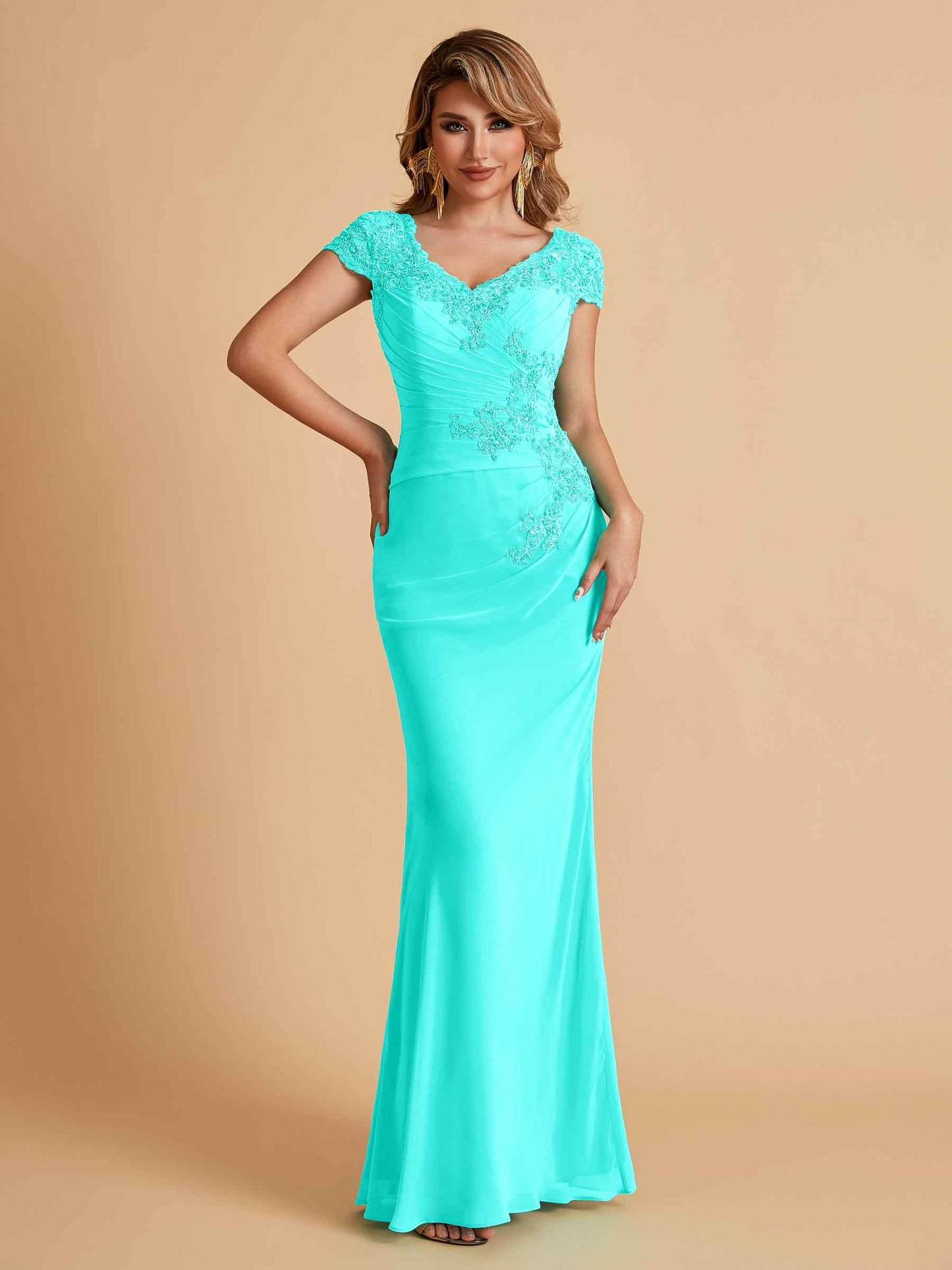 Elegant Mermaid Chiffon Cap Sleeves V-Neck Mother of the Brides Dresses Online