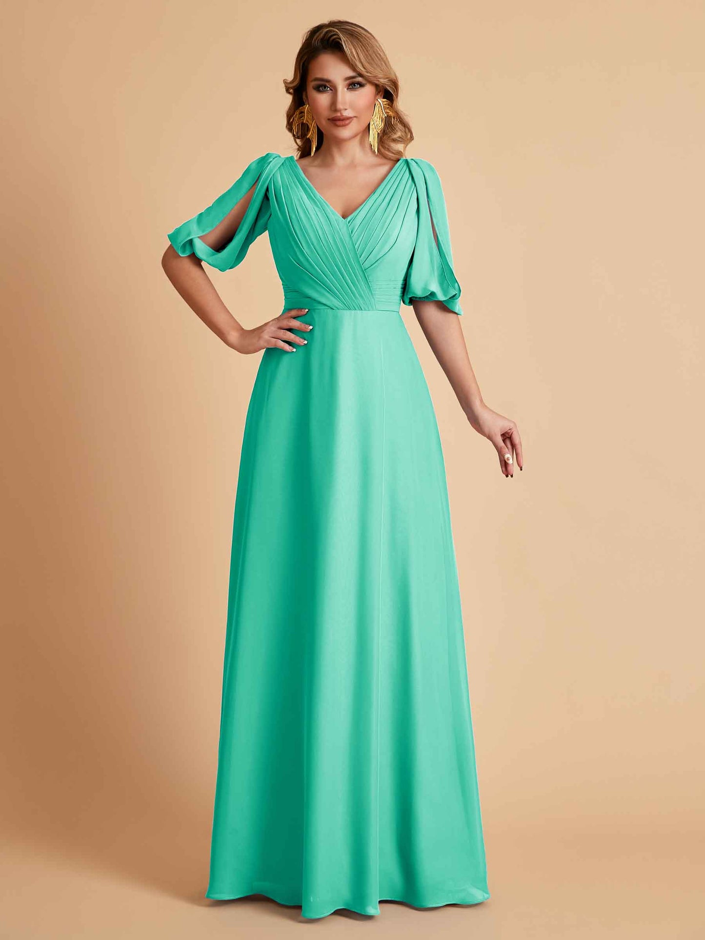 Elegant A-Line Chiffon Half Sleeves V-Neck Mother of the Brides Dresses Online