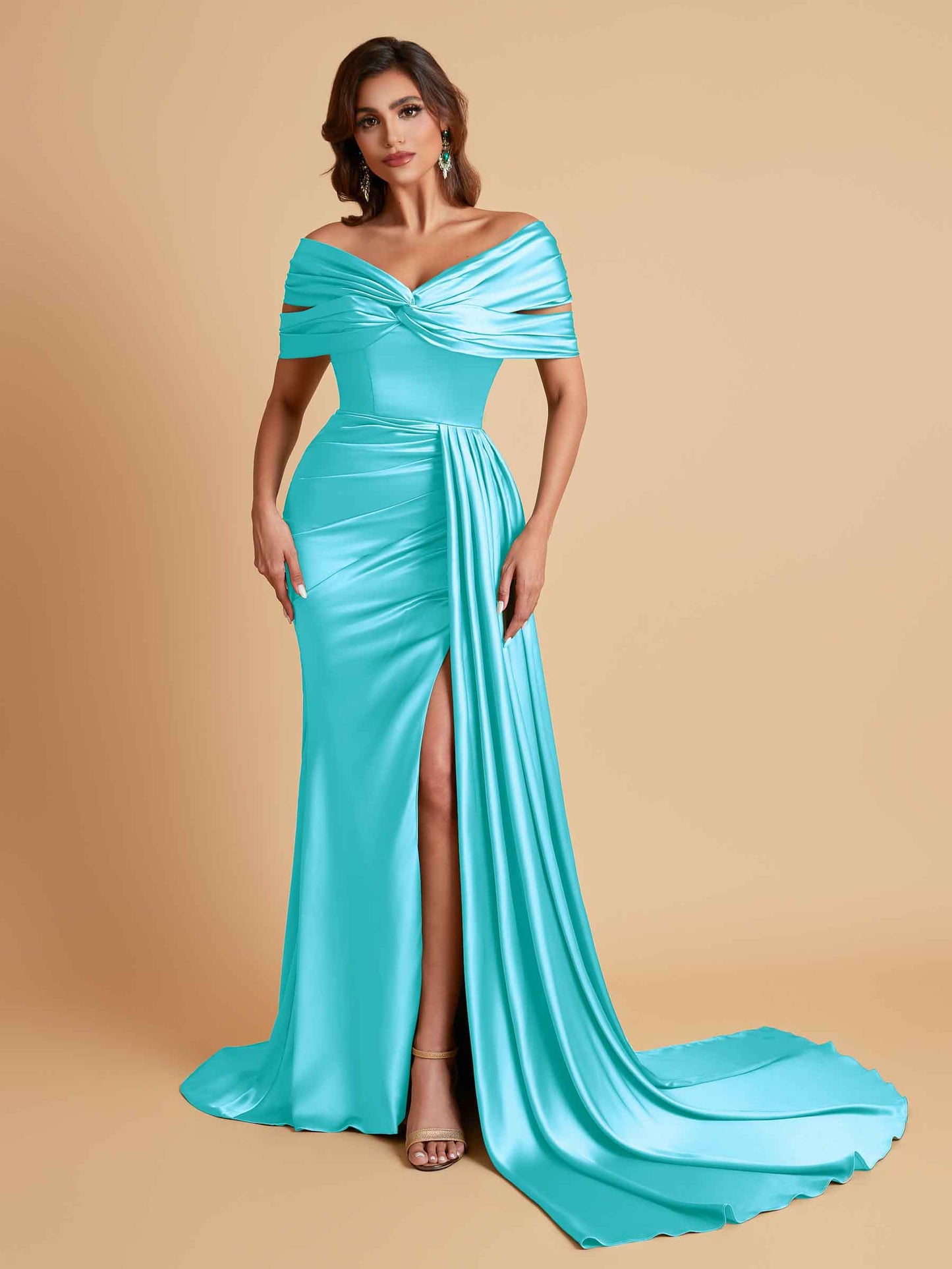 Elegant Soft Satin V-neck Off-the-Shoulder Side-Slit Mermaid Bridesmaid Dresses