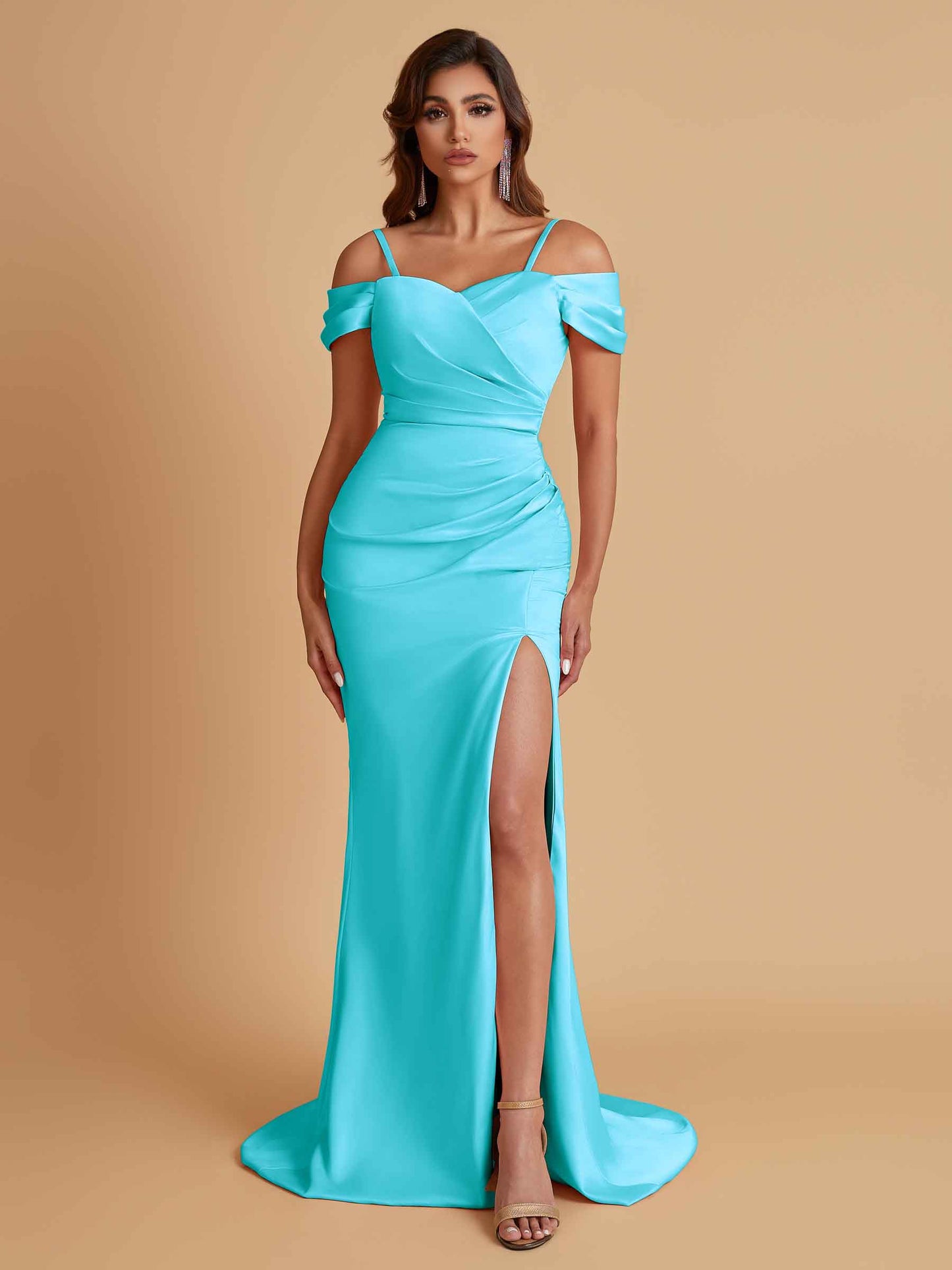 Sexy Soft Satin Mermaid Cold Shoulder Side Slit Floor-Length Bridesmaid Dresses Online