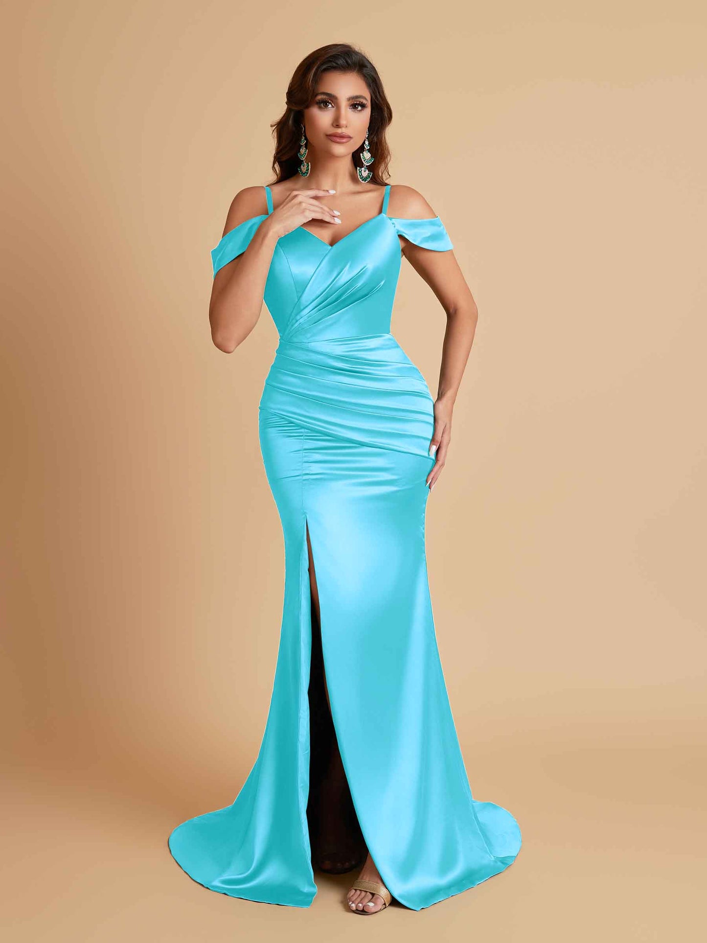 Sexy Soft Satin Mermaid Off Shoulder Side Slit Floor-Length Mermaid Bridesmaid Dresses