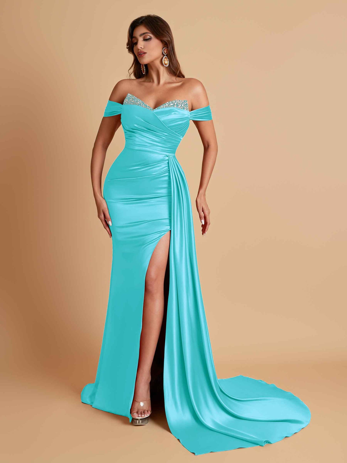 Gorgeous Soft Satin V-neck Off-the-Shoulder Side-Slit Mermaid Bridesmaid Dresses