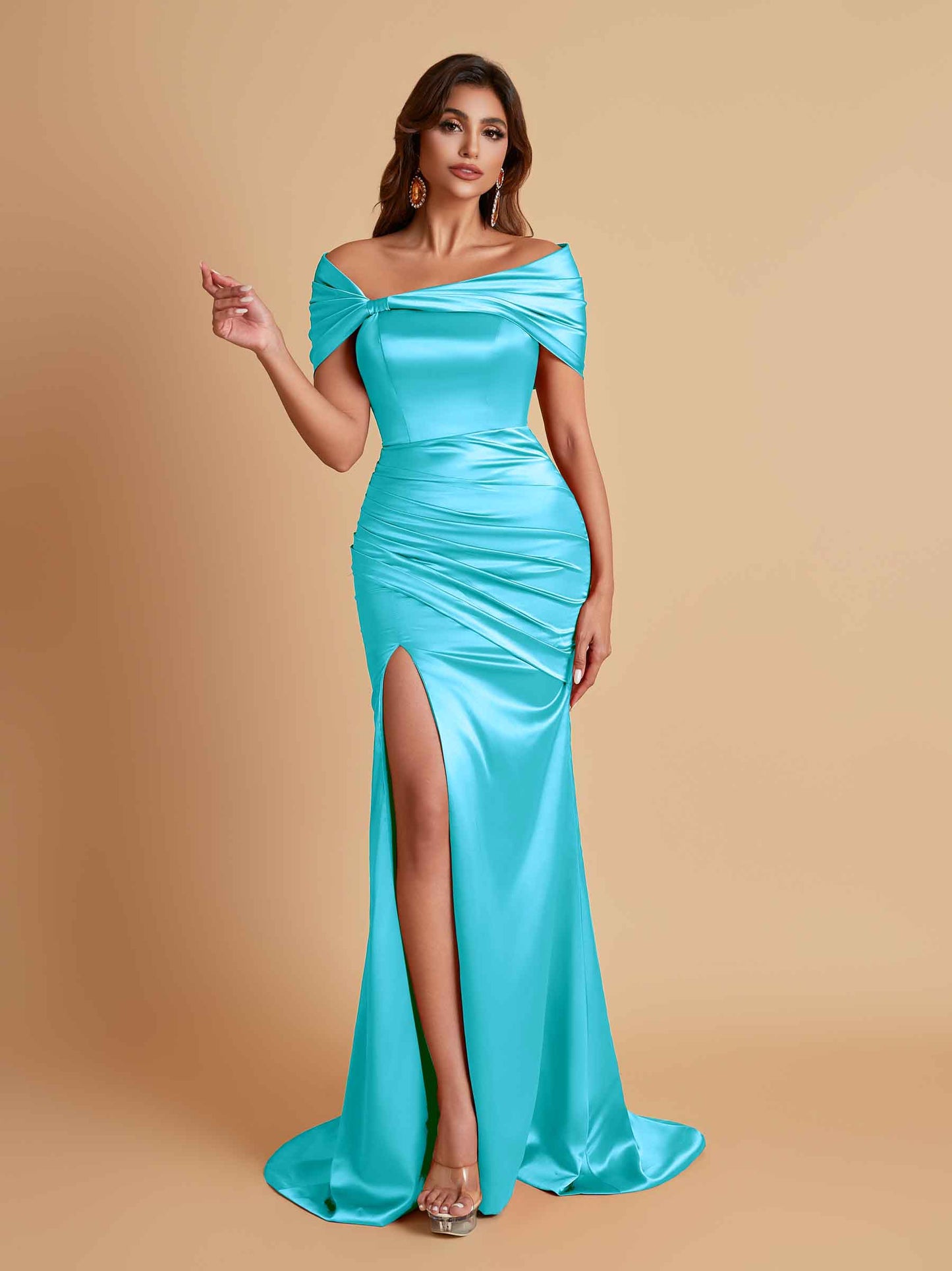 Elegant Soft Satin Off-the-shoulder Side-Slit Mermaid Bridesmaid Dresses