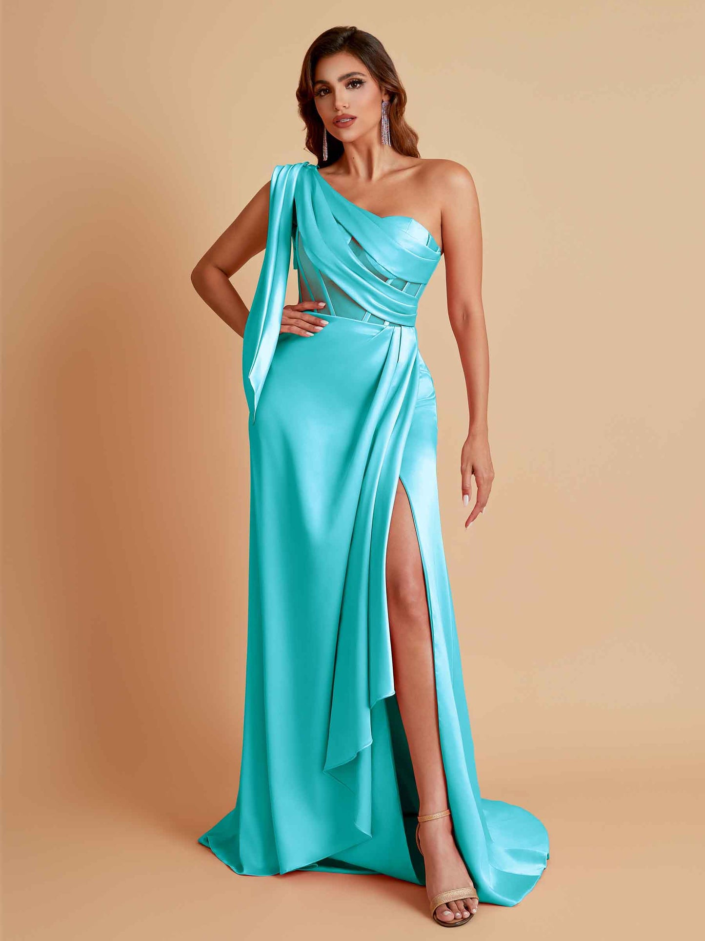 Sexy Soft Satin Mermaid One Shoulder Asymmetrical Side Slit Floor-Length Bridesmaid Dresses