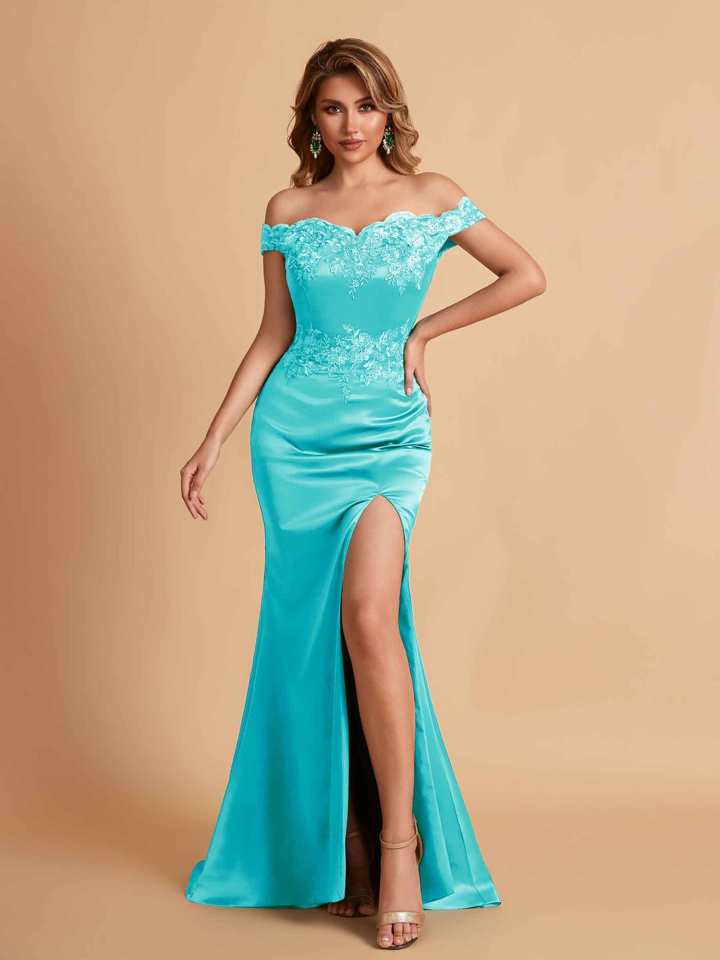 Elegant Satin Off Shoulder Mermaid Side Slit Floor Length Bridesmaid Dresses