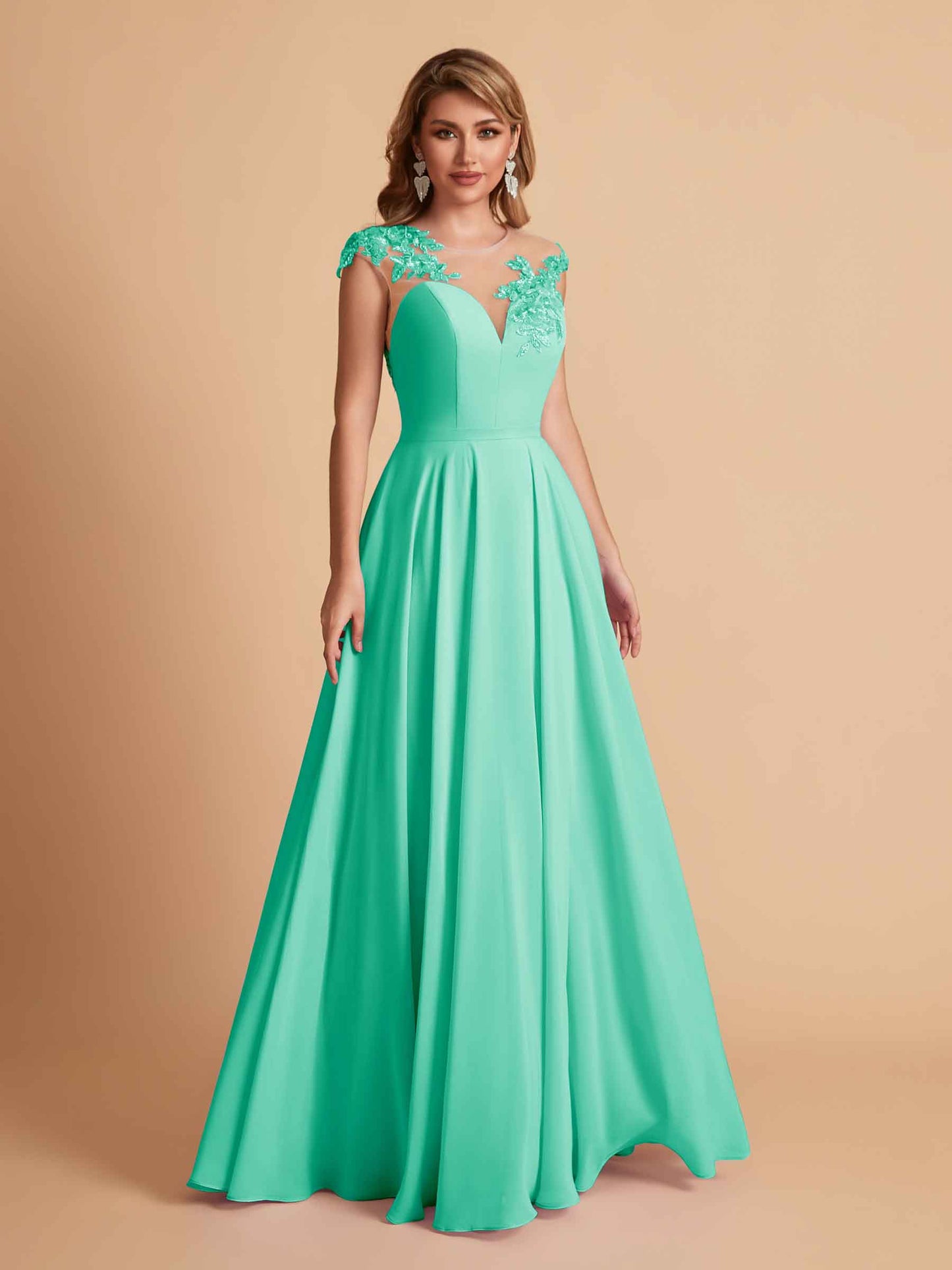 Chiffon Illusion Lace Top A-line Bridesmaid Dresses V-neck Floor Length Wedding Guest Dresses