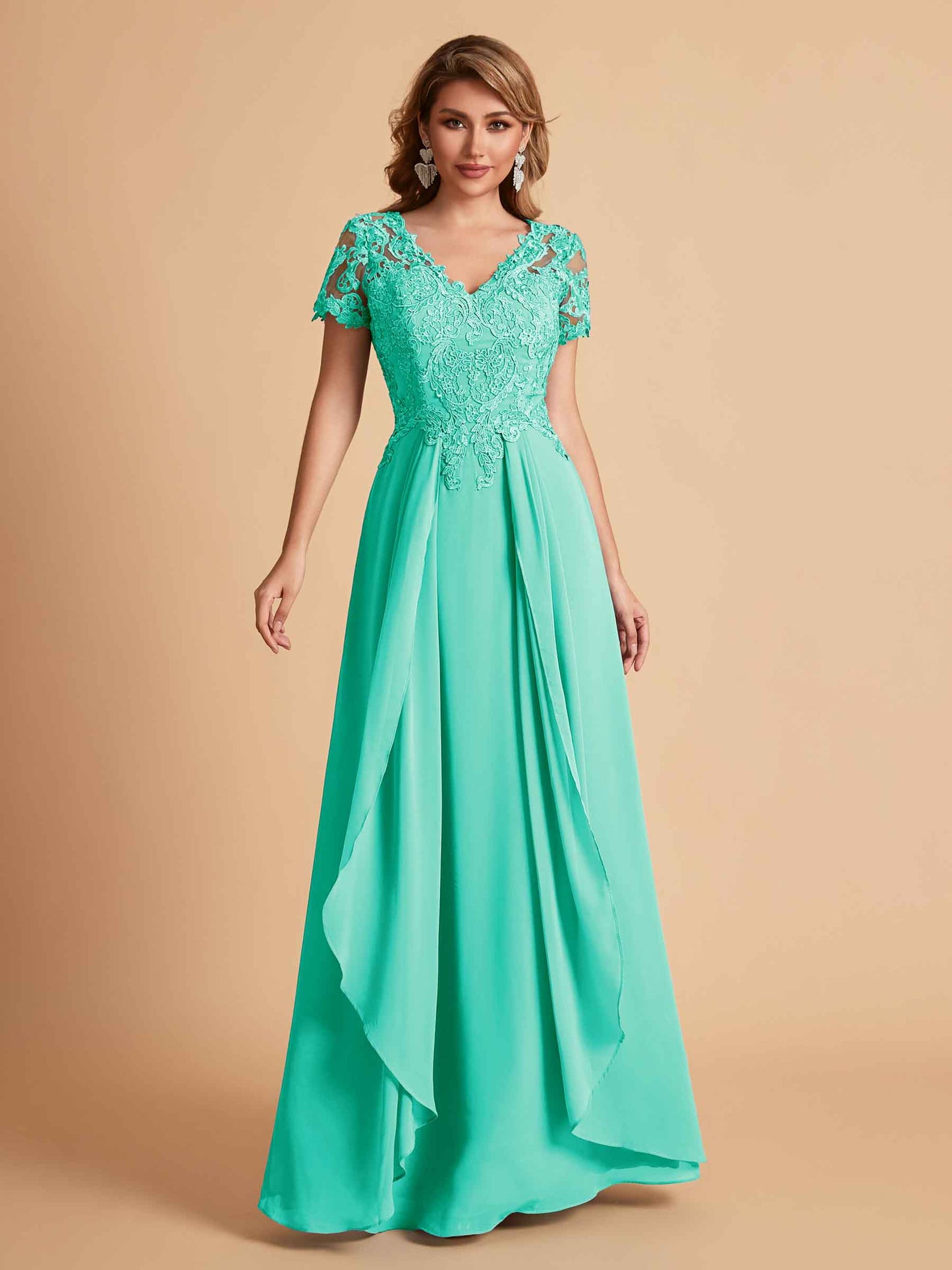 Elegant A-Line Chiffon Short Sleeves V-neck Mother of the Brides Dresses Lace Top MOB Dresses