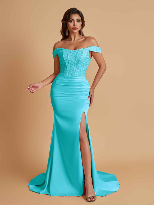 Elegant Soft Satin Mermaid Off Shoulder Side Slit Floor-Length Mermaid Bridesmaid Dresses