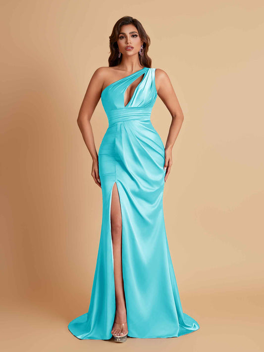 Sexy One Shoulder Soft Satin Side Slit Floor-Length Mermaid Bridesmaid Dresses