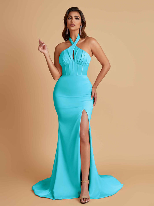 Elegant Soft Satin Mermaid Halter Side Slit Floor-Length Bridesmaid Dresses Online