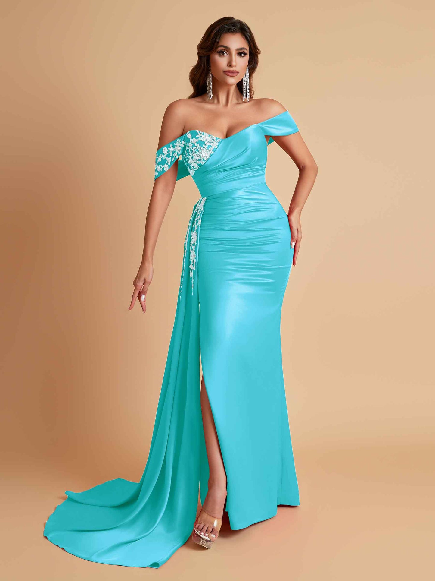 Elegant Soft Satin Mermaid Off Shoulder Floor-Length Mermaid Bridesmaid Dresses