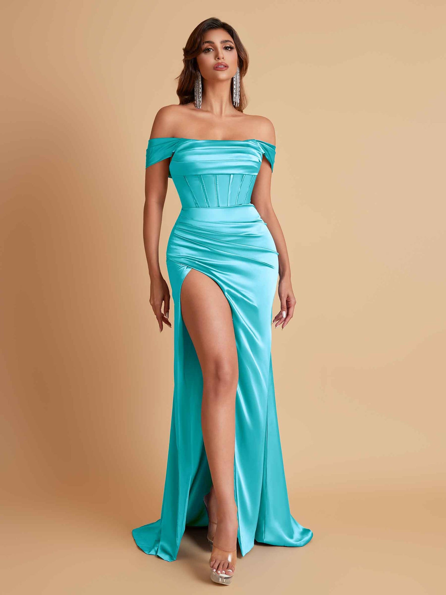 Sexy Off the Shoulder Soft Satin Side Slit Floor-Length Mermaid Bridesmaid Dresses
