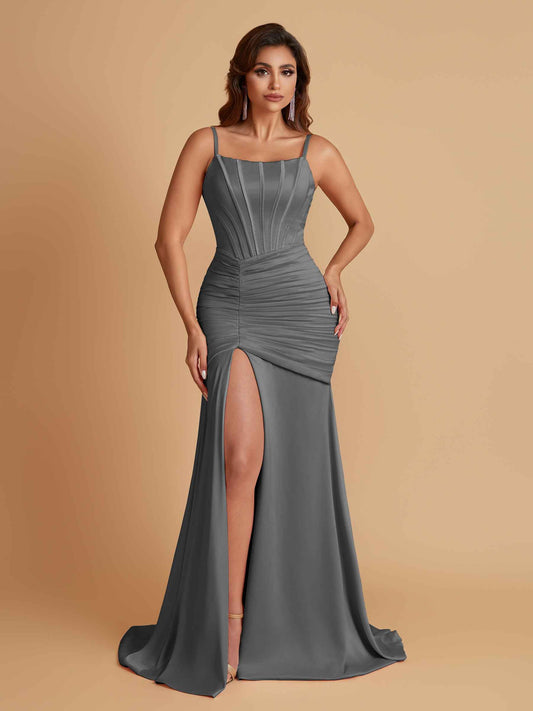 Sexy Soft Satin Mermaid Spaghetti Straps Side Slit Floor-Length Bridesmaid Dresses