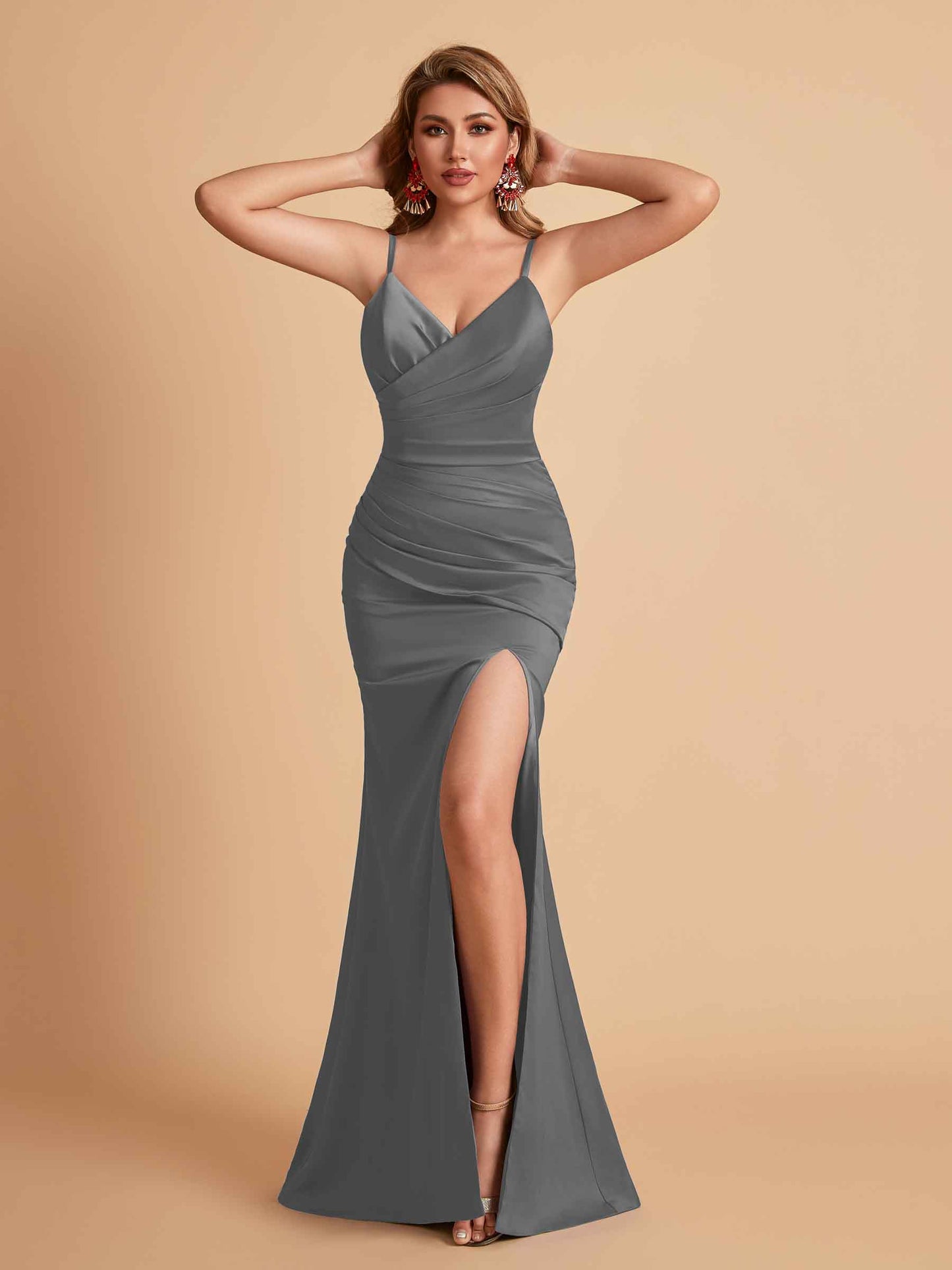 Sexy Satin V-neck Side Slit Mermaid Floor Length Bridesmaid Dresses