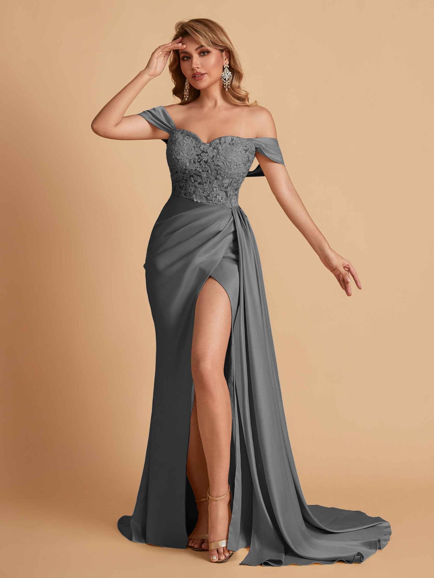 Sexy Satin Mermaid Off Shoulder Lace Side Slit Long Bridesmaid Dresses Online