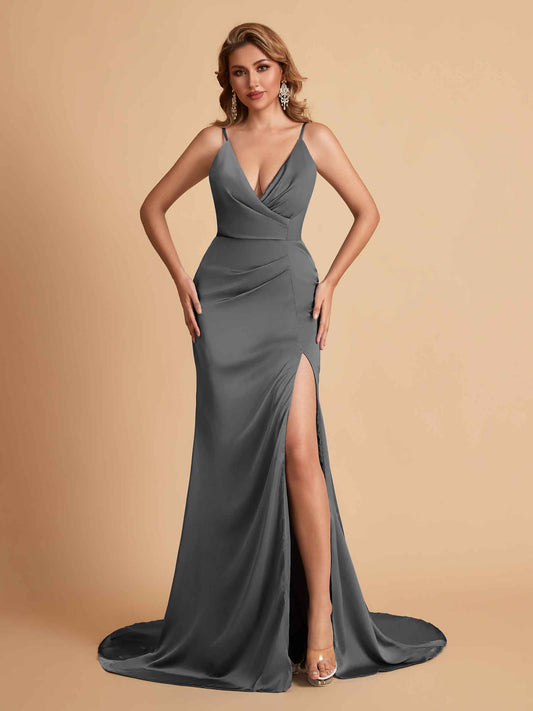 Elegant Satin Spaghetti Straps V-Neck Mermaid Side Slit Floor Length Bridesmaid Dresses
