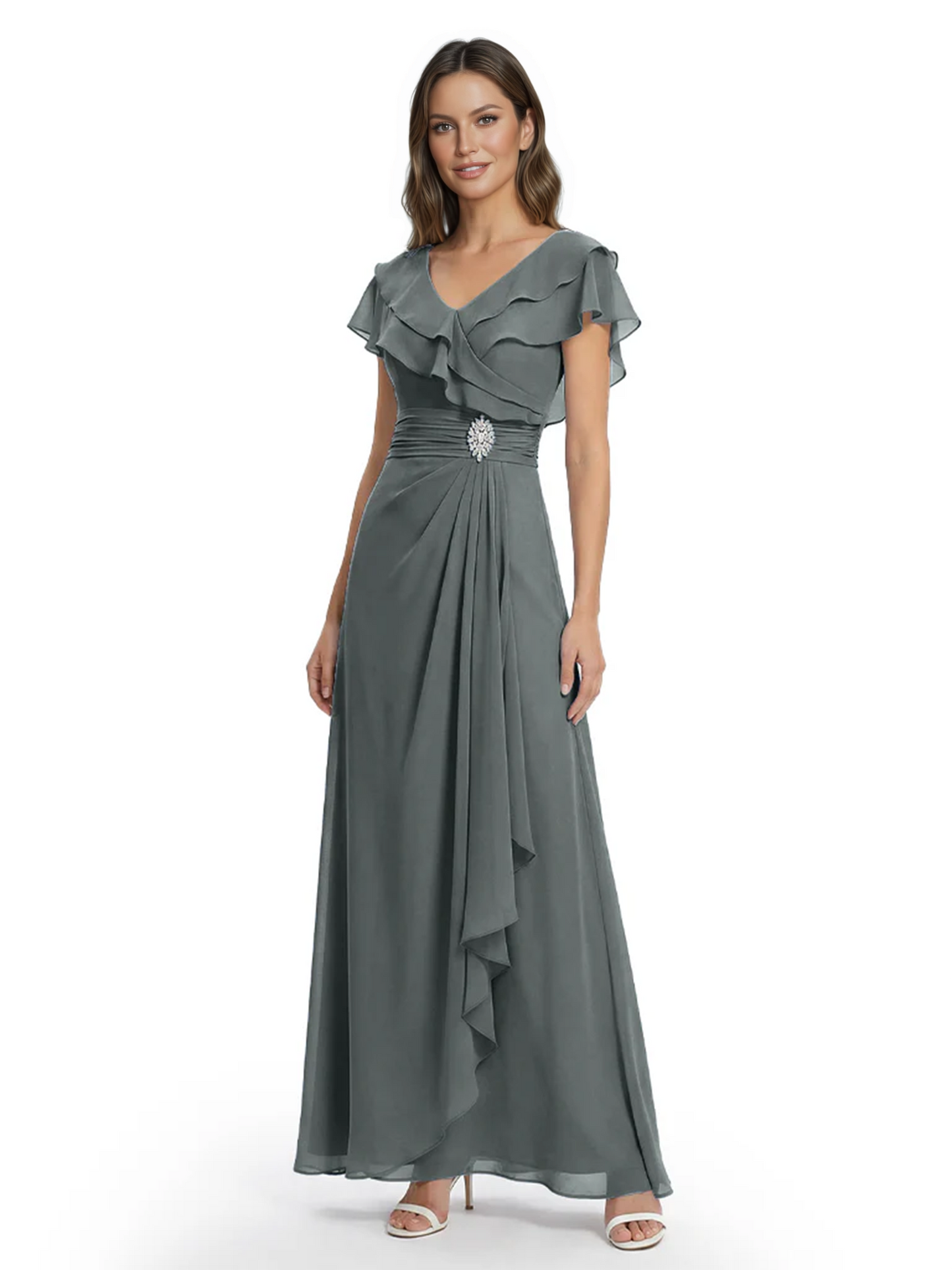 Elegant Mother of the Groom Dress Cascading Ruffle Chiffon Formal Gown Rhinestone
