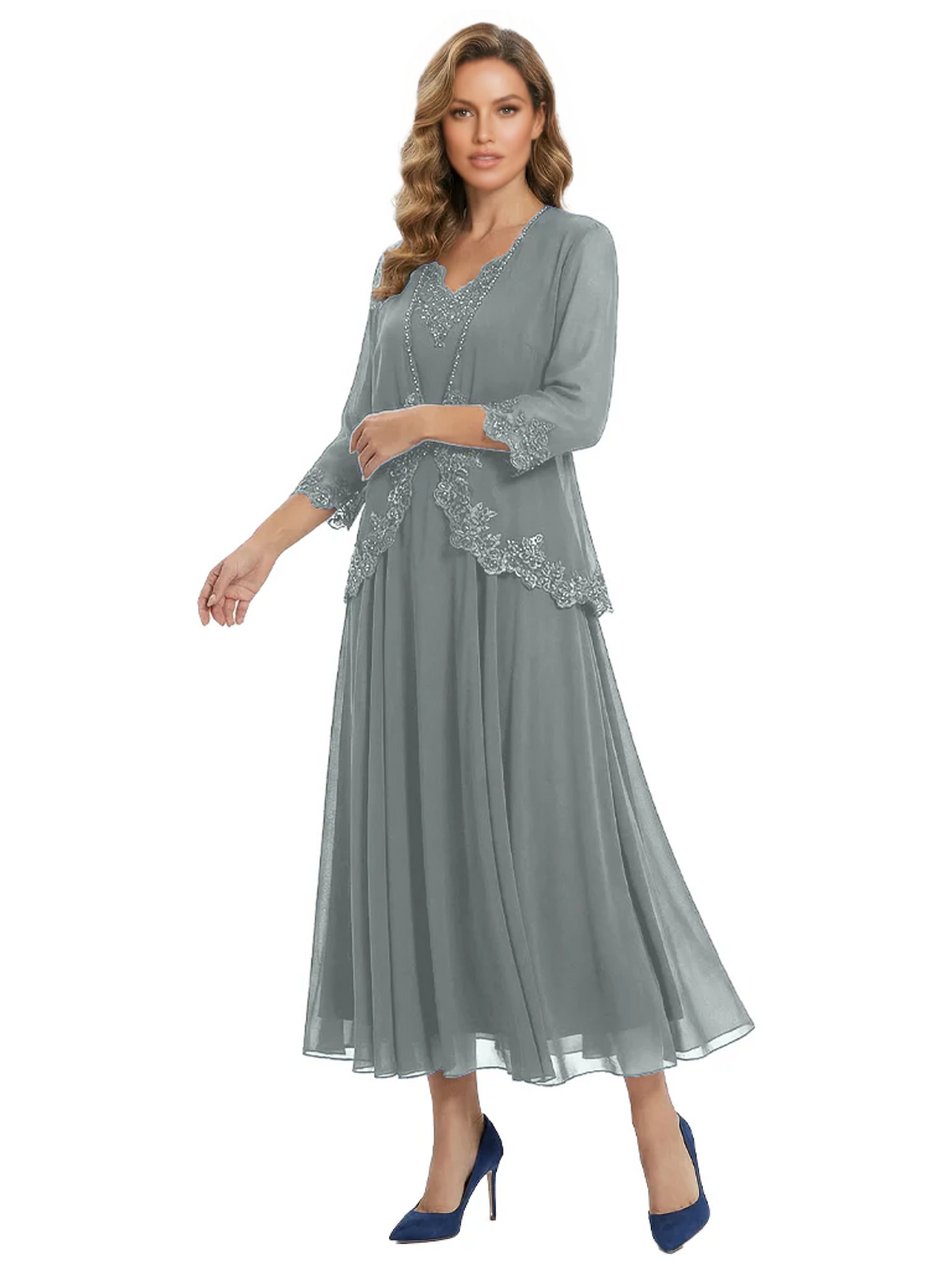 3/4 Sleeve Chiffon Mother of the Brides Dresses V-Neck Wedding Party Gowns