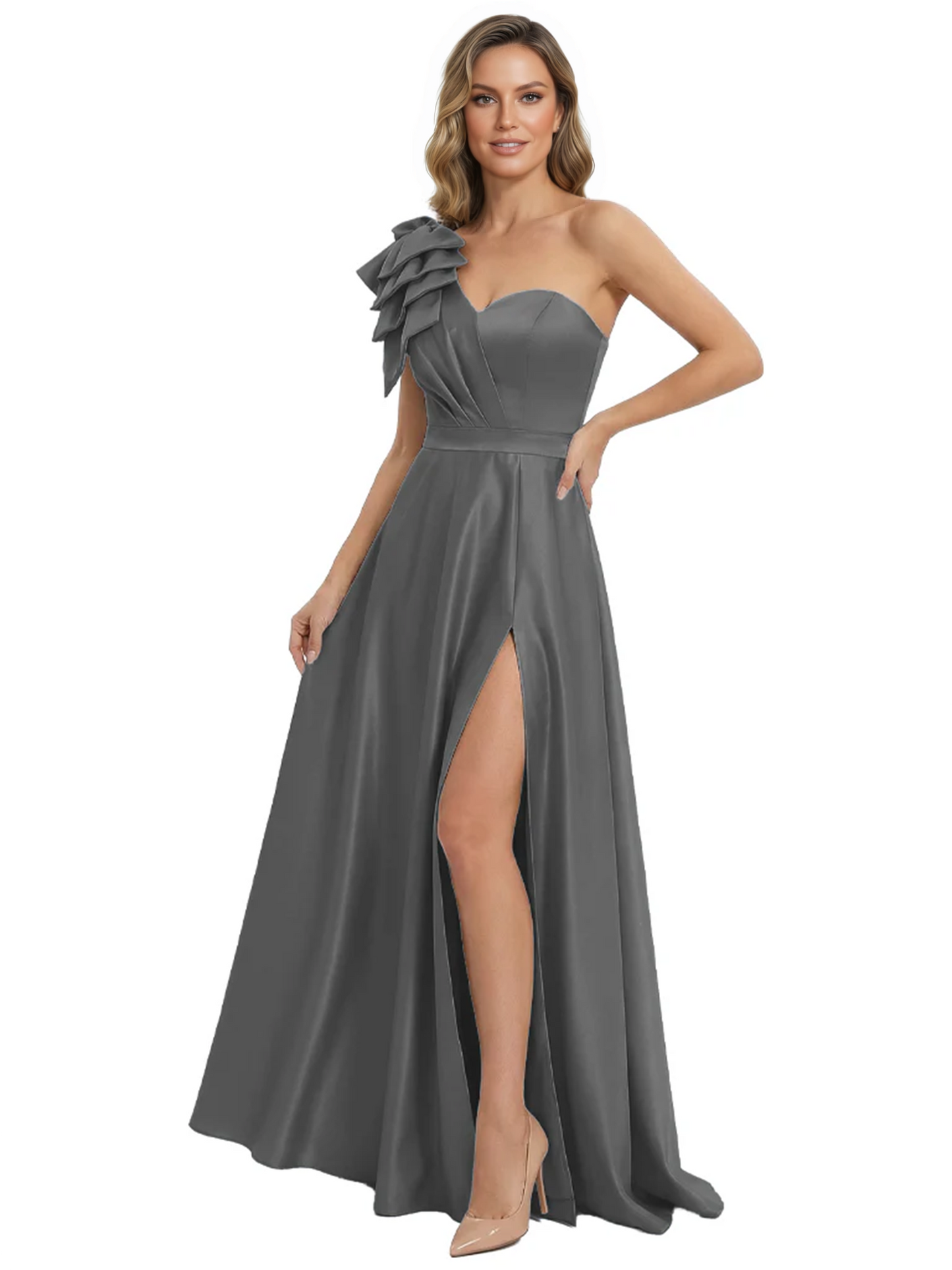Elegant Mother of the Groom Dress A-Line Satin Formal Gown with High Slit Ruched Bodice