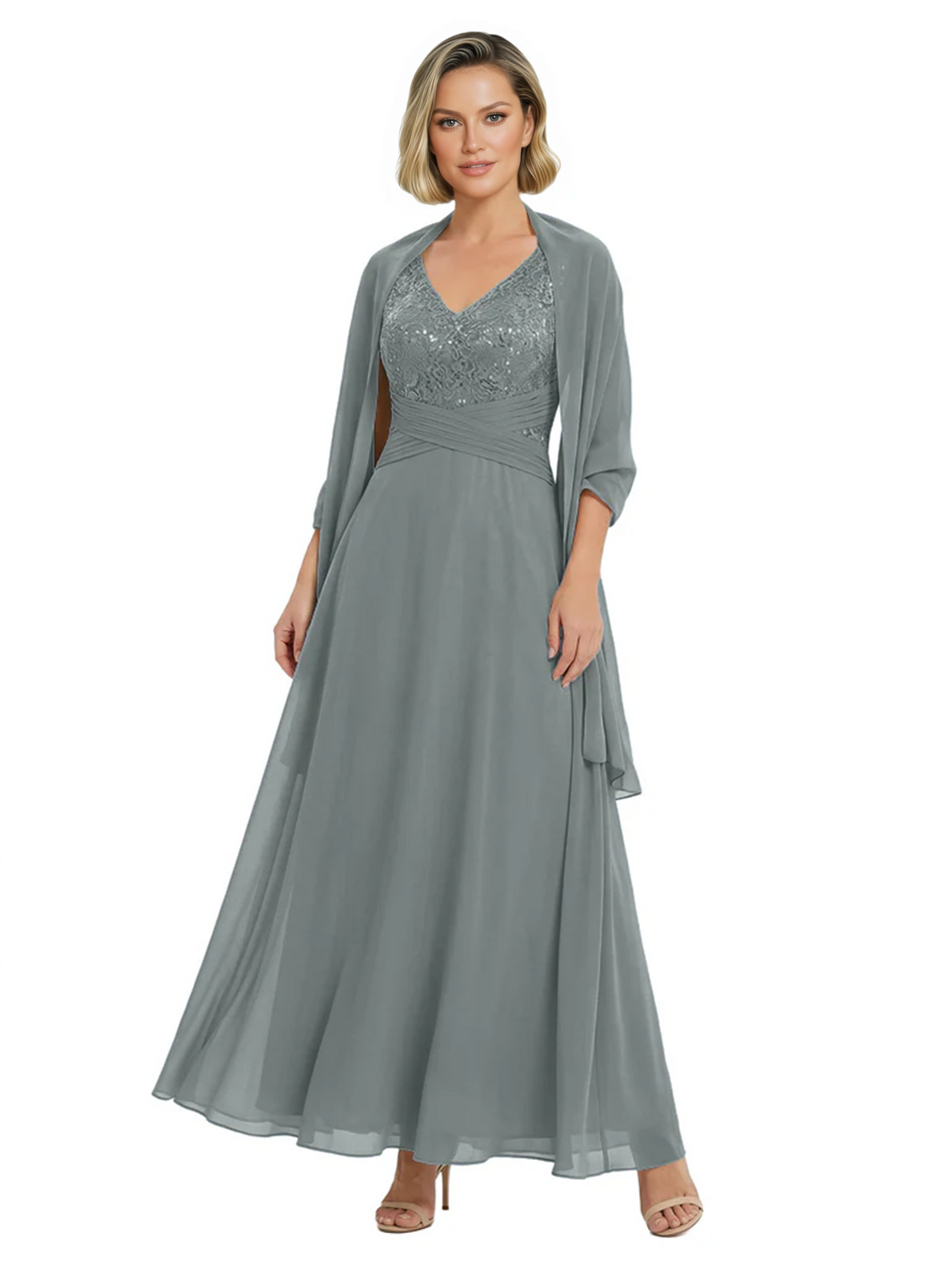 Luxury Formal Mother of Bride Dress Sparkling Sequin Top & Flowy Chiffon Skirt with Shawl