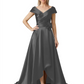 Off Shoulder Mother of the Bride Dress High-Low Satin Gown with Portrait Neckline