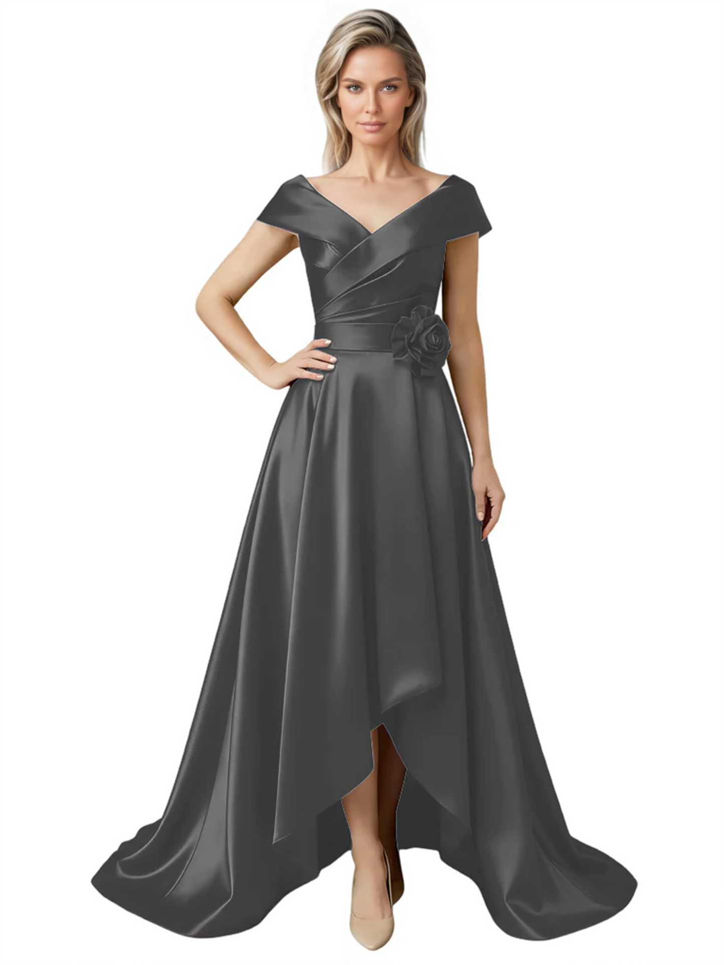 Off Shoulder Mother of the Bride Dress High-Low Satin Gown with Portrait Neckline