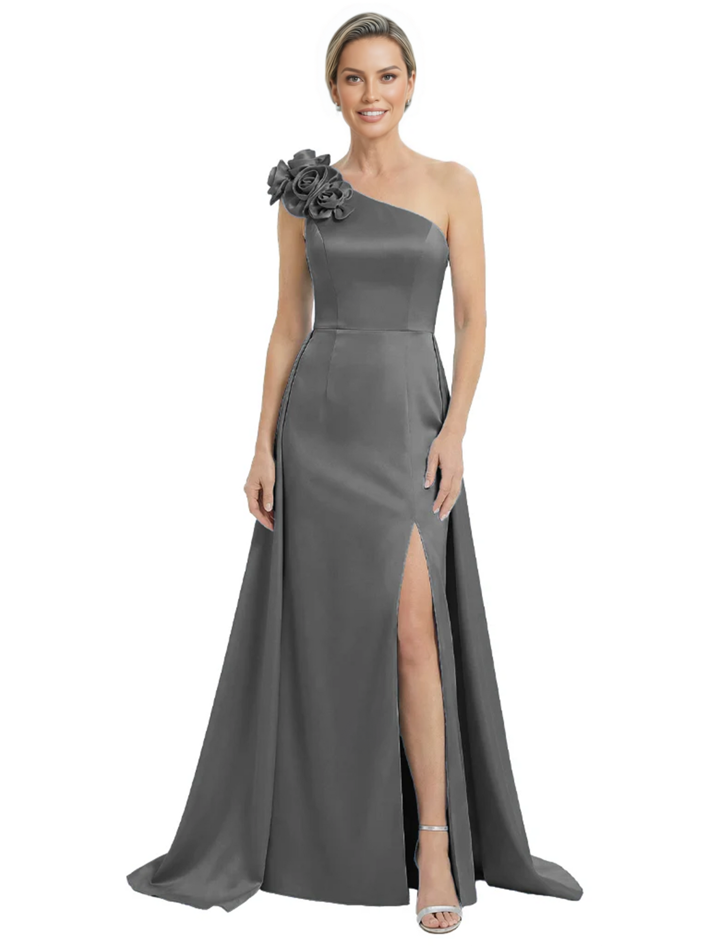 One Shoulder Mother of the Bride Dress with 3D Floral Detail Formal Dress A-Line Gowns with Slit
