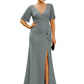 Elegant Evening Gown Trending V-Neck & Ruffle Detail Mother of Bride Outfits Slit