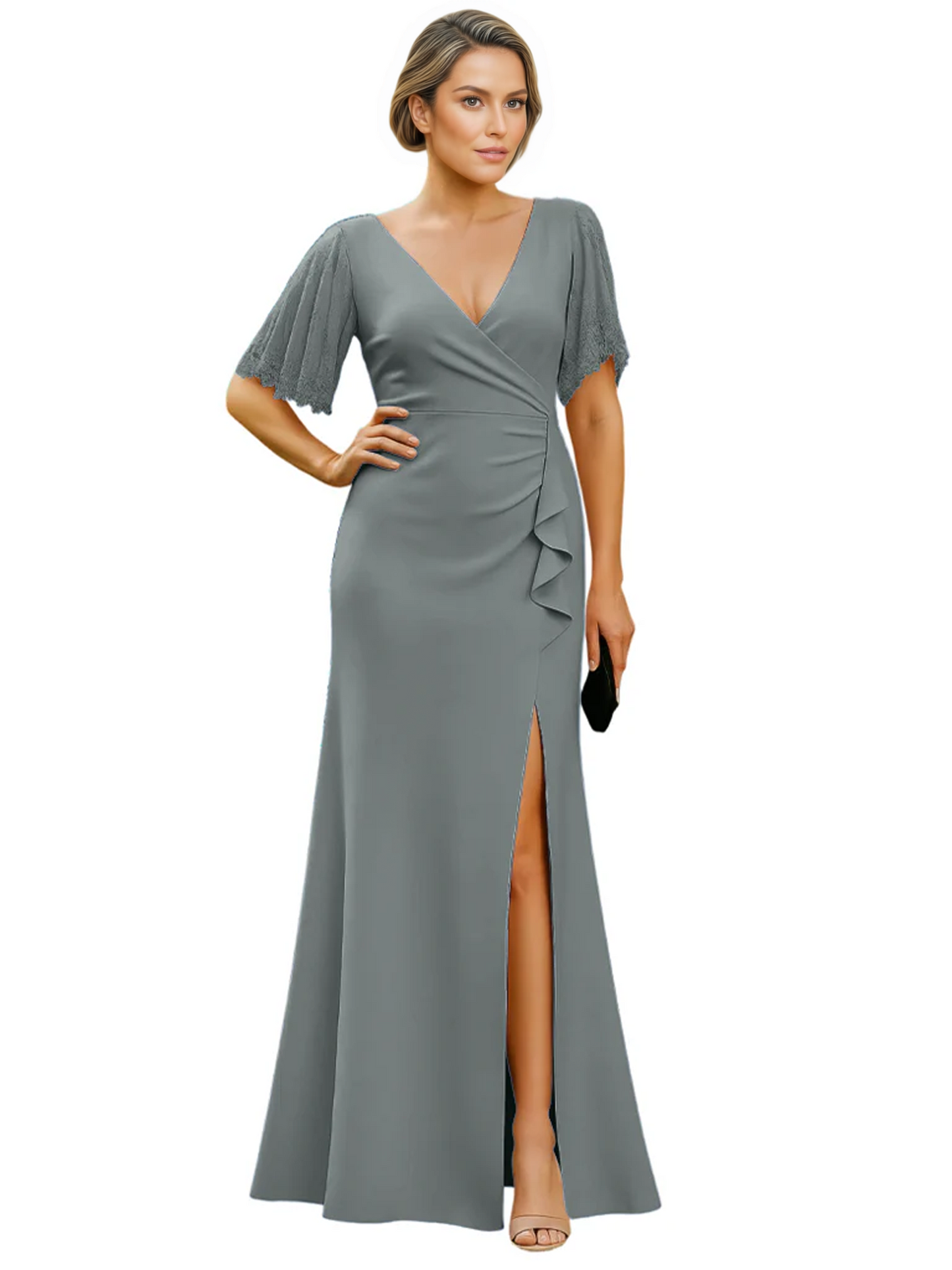 Elegant Evening Gown Trending V-Neck & Ruffle Detail Mother of Bride Outfits Slit