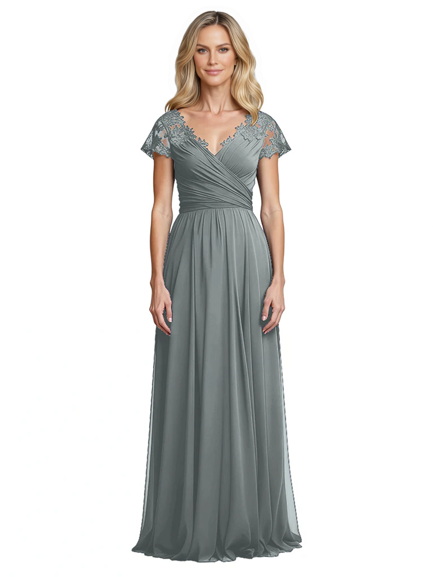 Mother of the Bride Dress Cap Sleeves and V-Neckline with Embroidered Lace Shoulders