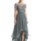 Formal High-Low Mother of the Bride Gown Short Sleeve Lace Maxi Dress with Tiered Skirt