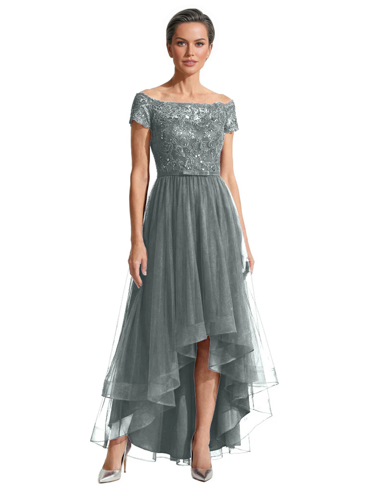 Formal High-Low Mother of the Bride Gown Short Sleeve Lace Maxi Dress with Tiered Skirt