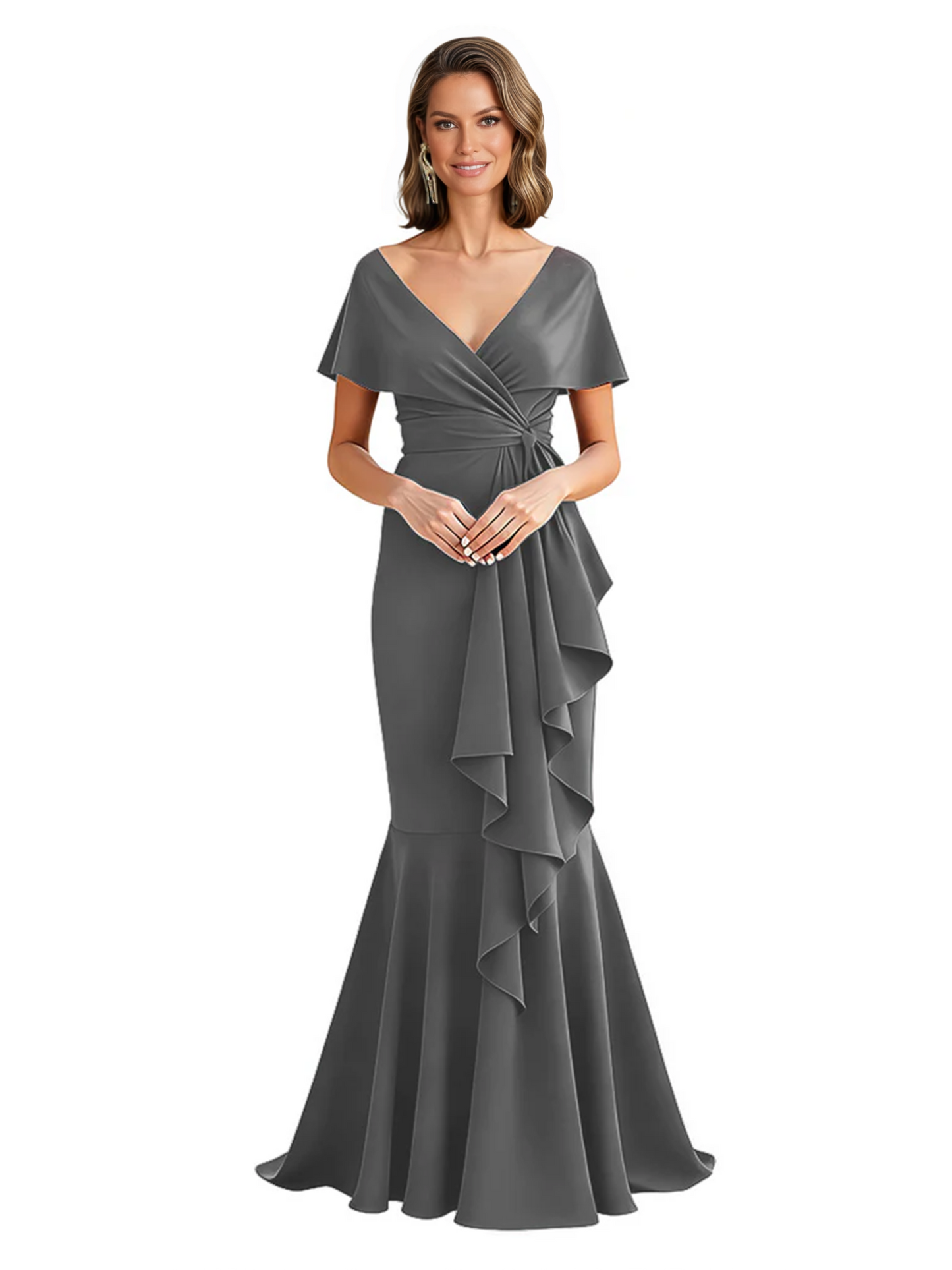 Satin Mother of the Bride Dress with Cascading Ruffles and Mermaid Tail V-Neck