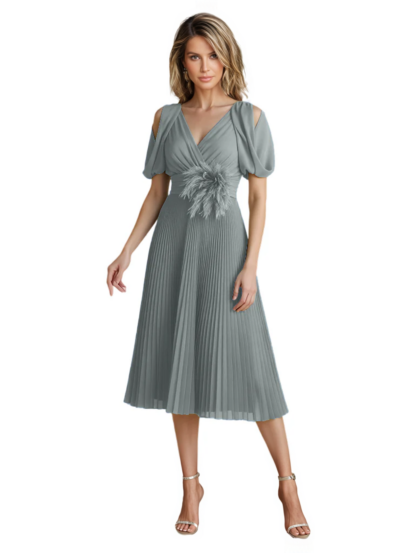 Wedding Formal Dress V-Neck Pleated Chiffon Gown with 3D Flower Accent Knee Length