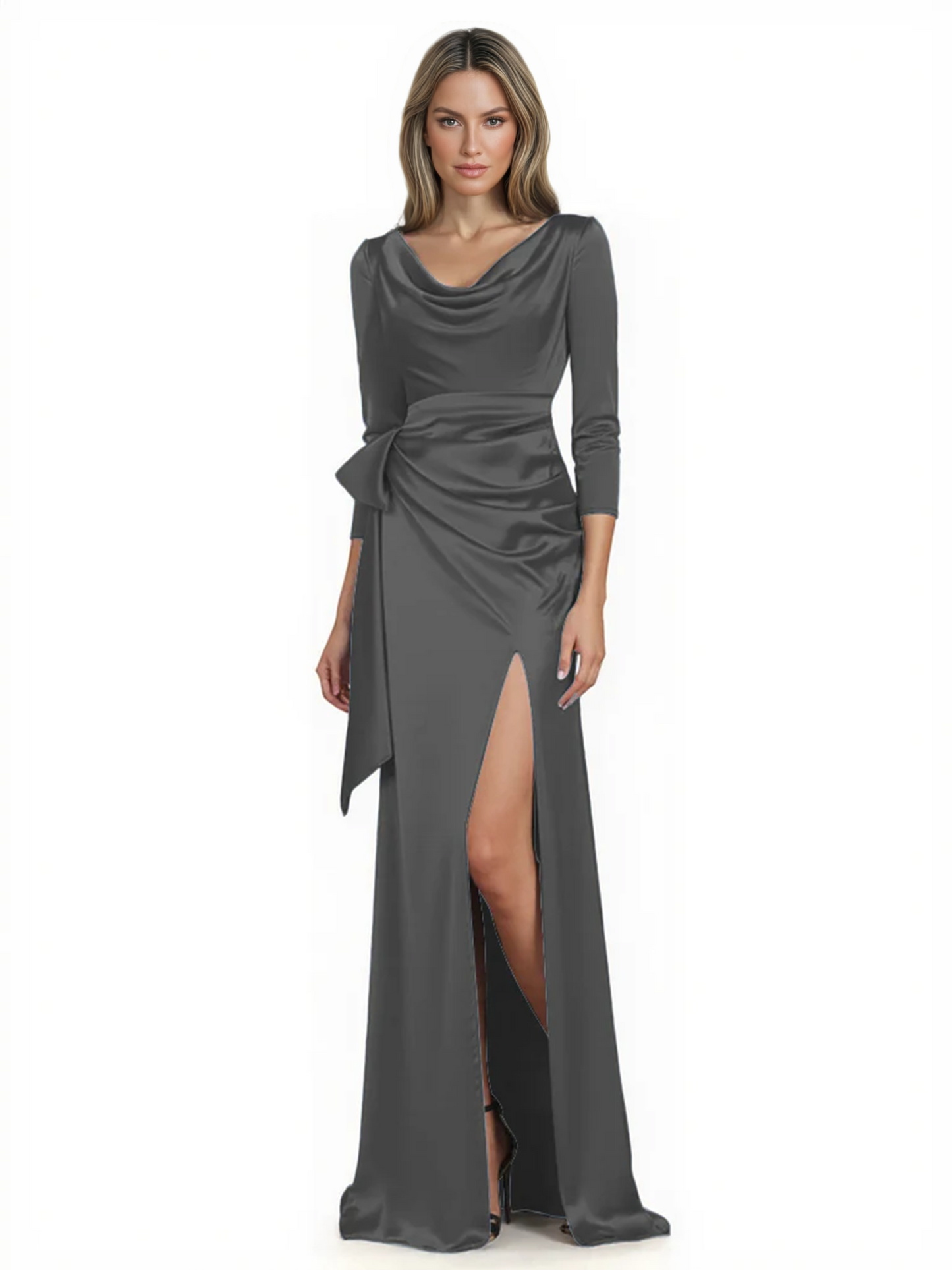 Elegant Evening Gowns Slit Trending Styles Satin Slit Formal Dress Cowl Neckline Gown Tie