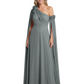 One Shoulder Mother of the Bride Dress Asymmetrical Cape Sleeve Gown with Floral