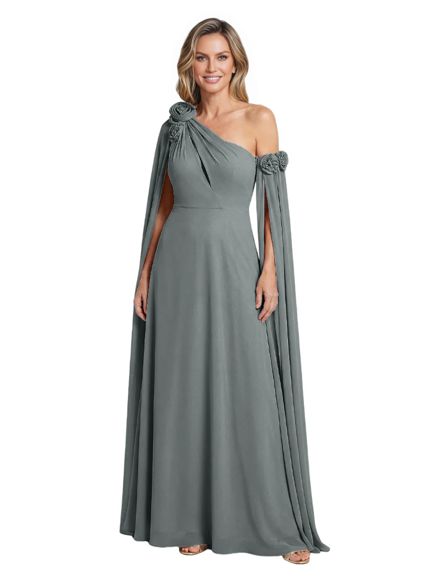 One Shoulder Mother of the Bride Dress Asymmetrical Cape Sleeve Gown with Floral