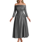Off Shoulder Mother of the Bride Dress Tea-Length Satin Gown with Lace Applique