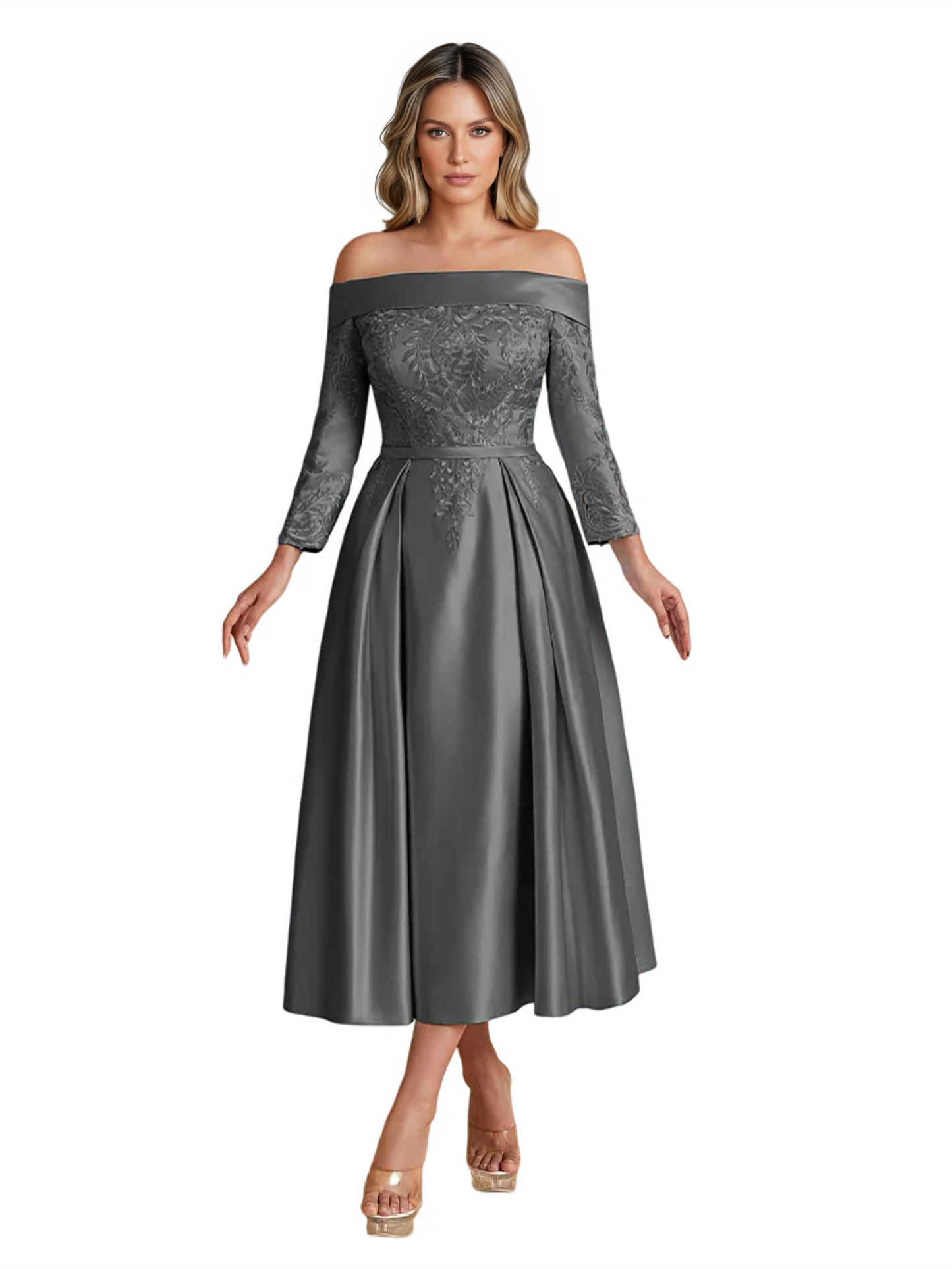 Off Shoulder Mother of the Bride Dress Tea-Length Satin Gown with Lace Applique
