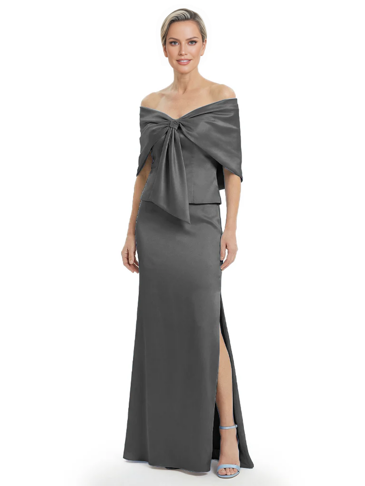 Formal Floor-Length Mother of the Bride Gown Satin Maxi Dress with Bow Neckline