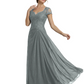 Long A-line Chiffon Short Sleeves Mother of the Brides Dresses Lace Wedding