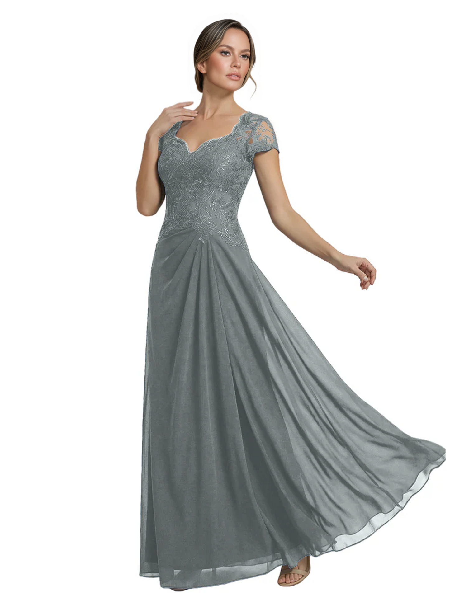Long A-line Chiffon Short Sleeves Mother of the Brides Dresses Lace Wedding