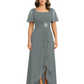 Formal High-Low Mother of the Bride Gown Sleeved Chiffon Maxi Dress Ruched Waist