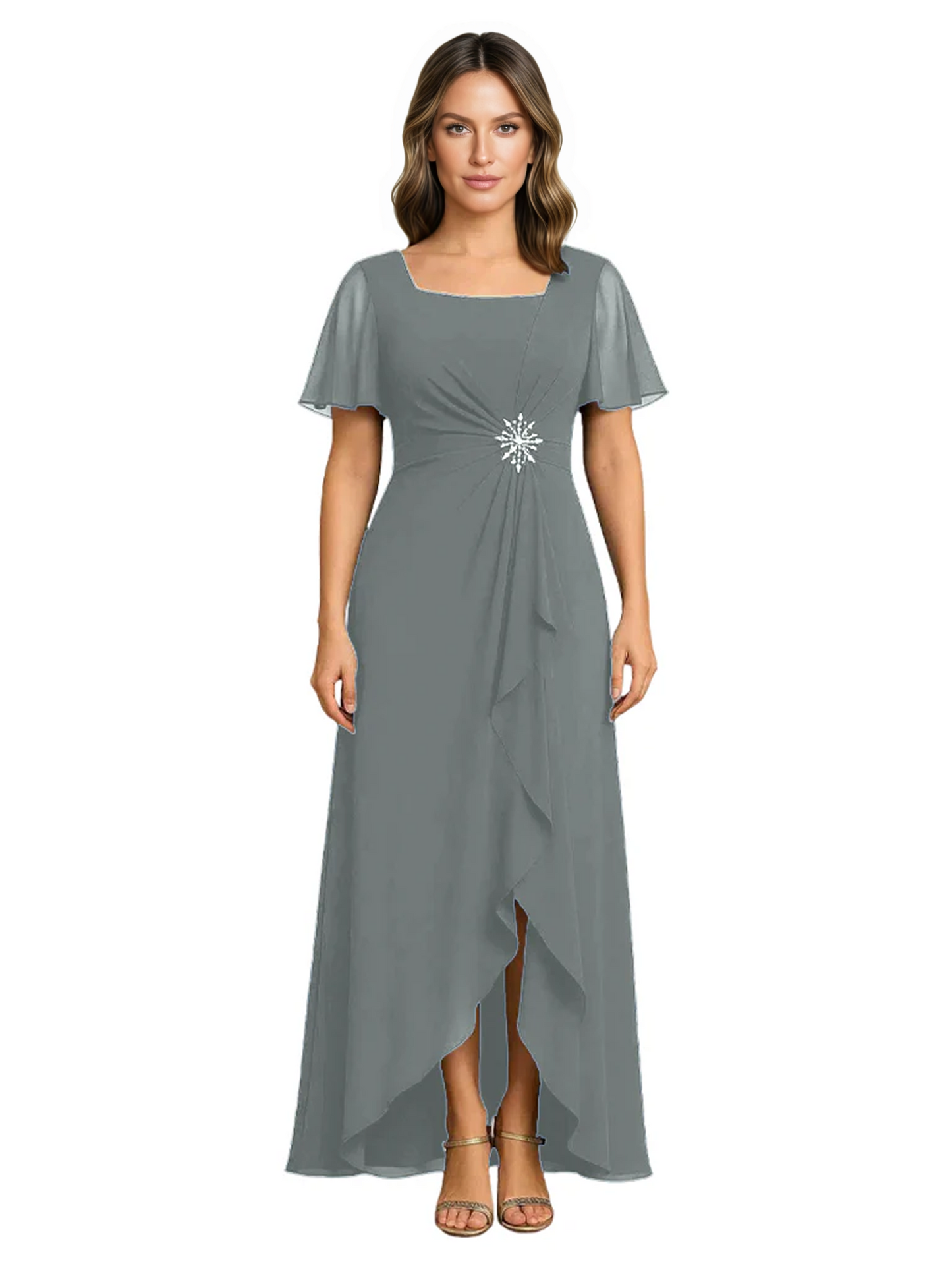 Formal High-Low Mother of the Bride Gown Sleeved Chiffon Maxi Dress Ruched Waist
