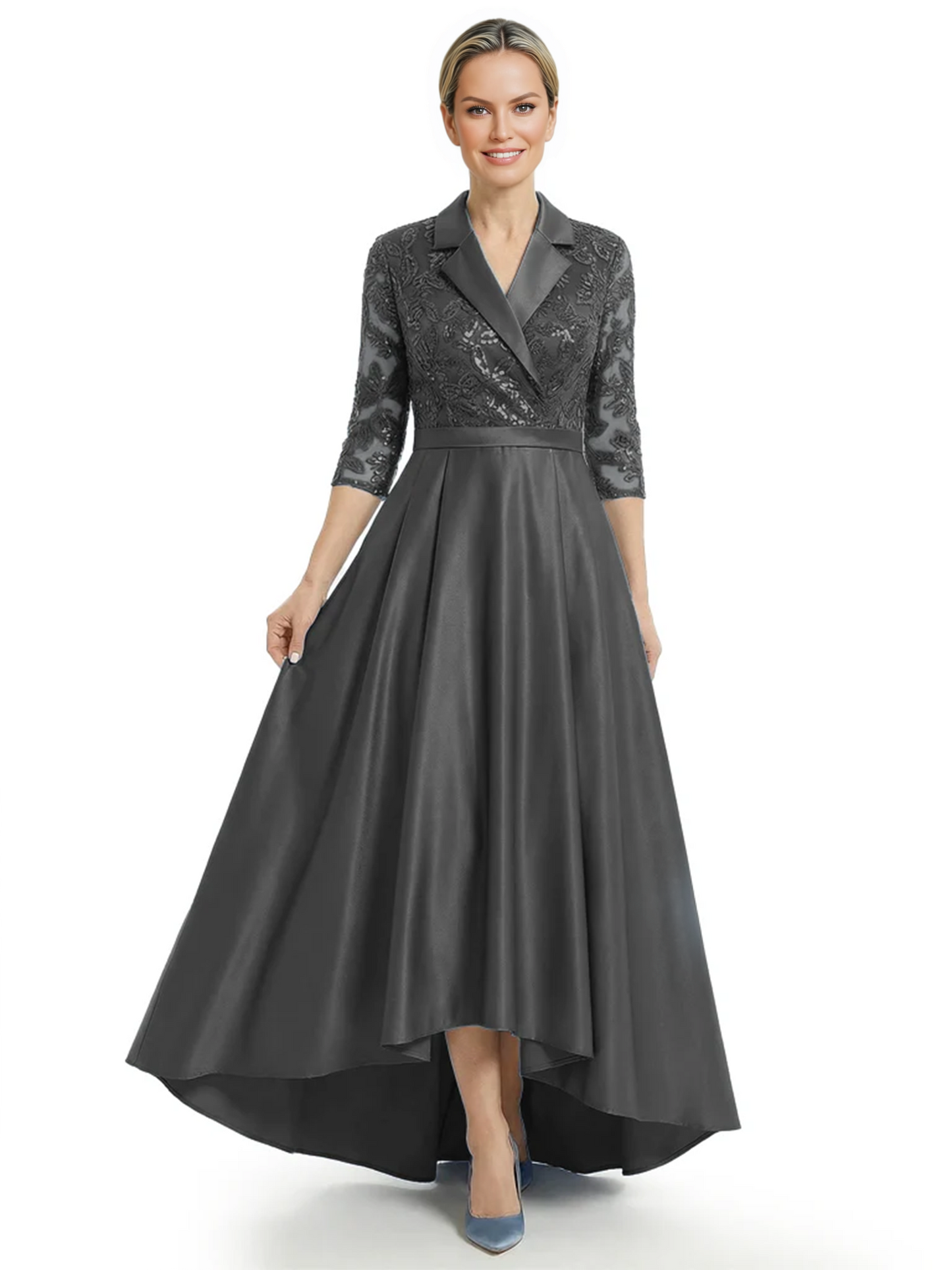 Elegant Mother of Bride Dress Evening Gowns Trending Styles with Lapel Collar 3/4 Sleeves