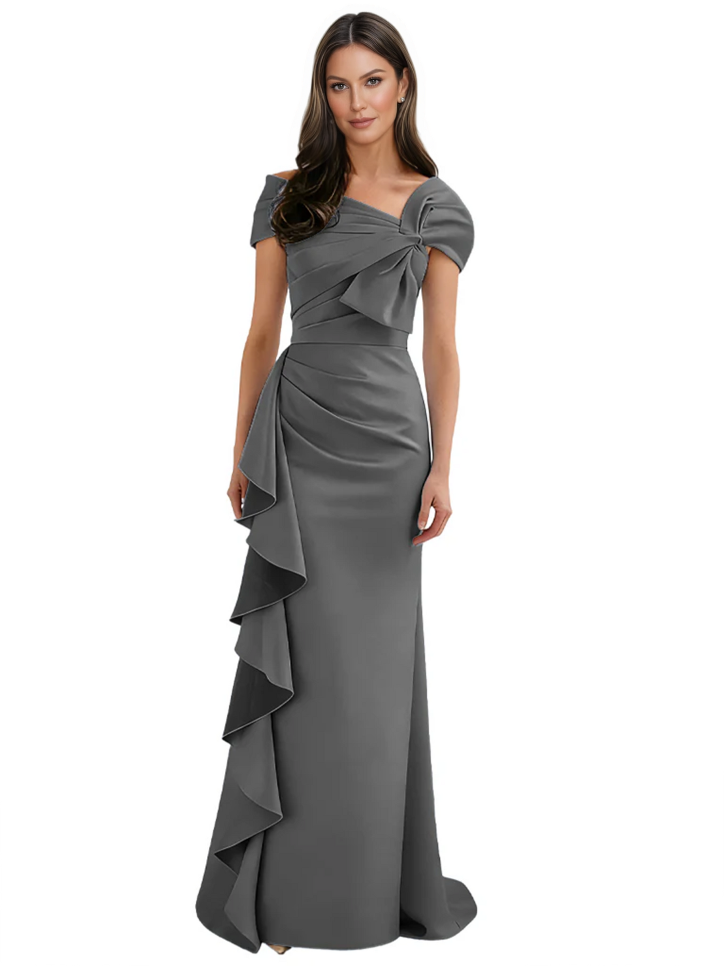 Elegant Mother of Bride Dress Formal Gowns Mermaid Ruffle Floor Length Asymmetric Neckline