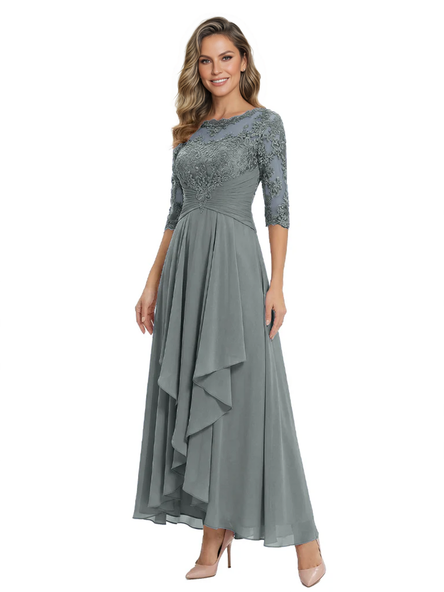 3/4 Sleeve Mother of the Bride Dress with Lace Embroidery High-Low Hem 2026
