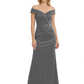 Off Shoulder Mother of the Bride Dress Beaded Waist Satin Gown Portrait Neckline