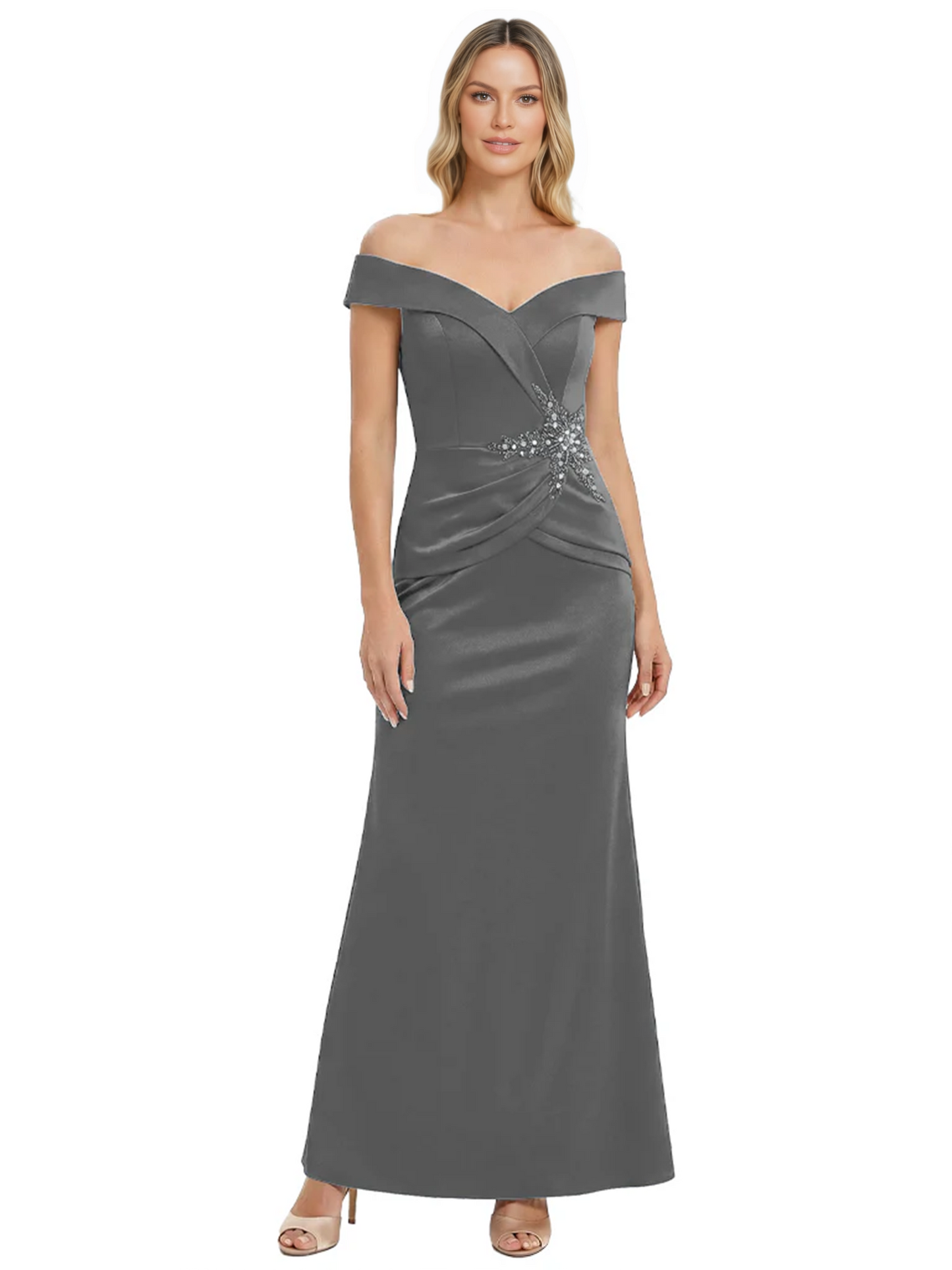 Off Shoulder Mother of the Bride Dress Beaded Waist Satin Gown Portrait Neckline